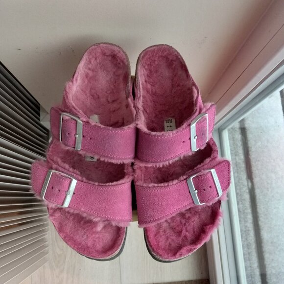 Birkenstock Arizona Pink Shearling Suede Sandals Size 39 US 8 - 8.5 - Picture 3 of 16